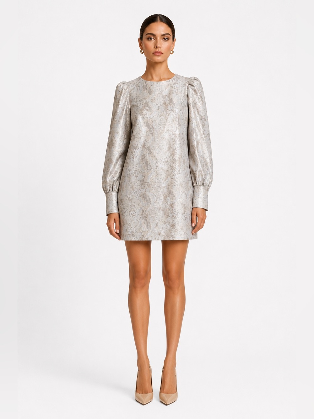 The Andamane Size Small Python Snake Animal Print Silver Puff-Sleeve Mini Dress